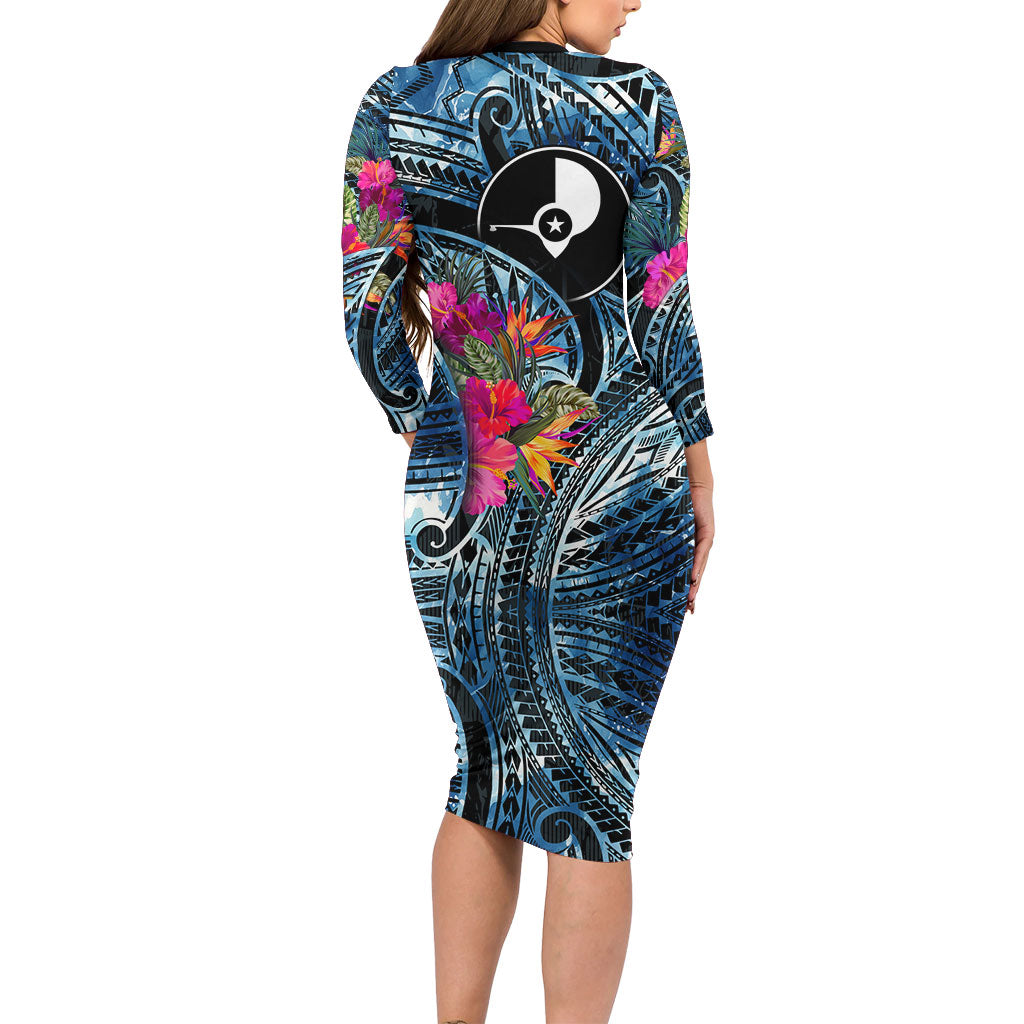 Yap Day Island Floral Tribal Heritage Long Sleeve Bodycon Dress Micronesian Hibiscus Pattern Polynesian Tattoo Blue Art