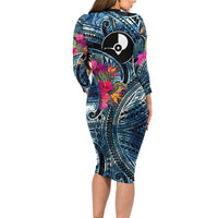 Yap Day Island Floral Tribal Heritage Long Sleeve Bodycon Dress Micronesian Hibiscus Pattern Polynesian Tattoo Blue Art