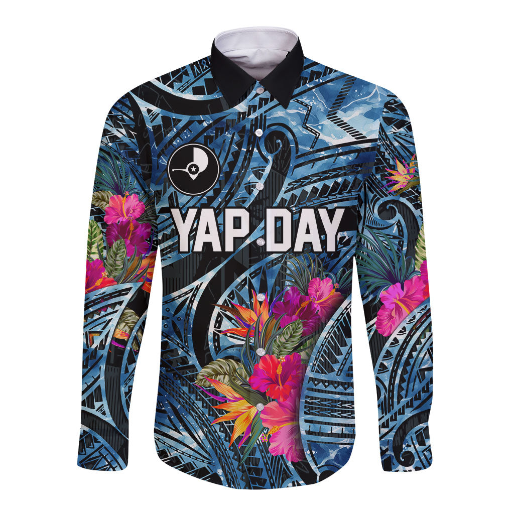 Yap Day Island Floral Tribal Heritage Long Sleeve Button Shirt Micronesian Hibiscus Pattern Polynesian Tattoo Blue Art