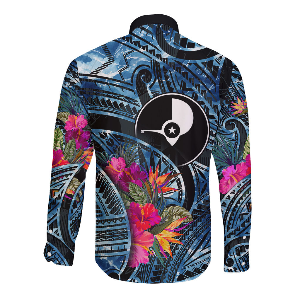Yap Day Island Floral Tribal Heritage Long Sleeve Button Shirt Micronesian Hibiscus Pattern Polynesian Tattoo Blue Art