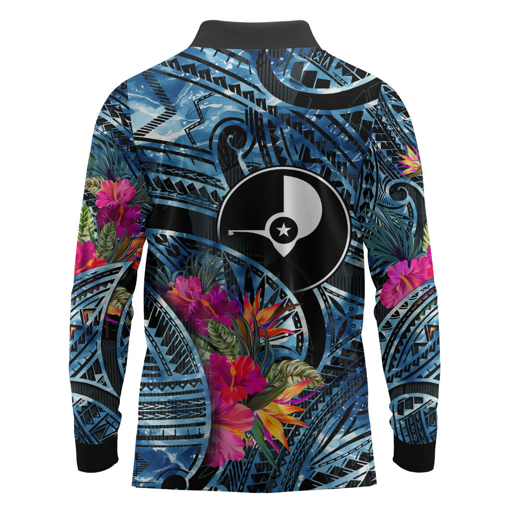 Yap Day Island Floral Tribal Heritage Long Sleeve Polo Shirt Micronesian Hibiscus Pattern Polynesian Tattoo Blue Art