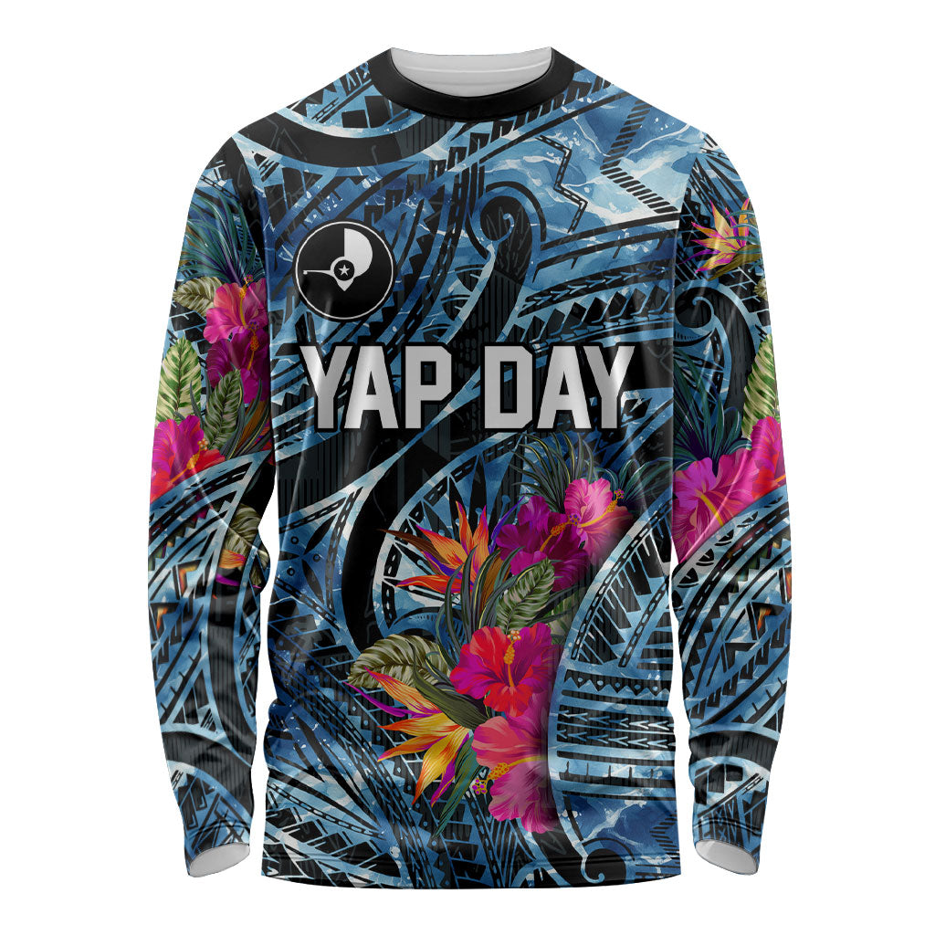 Yap Day Island Floral Tribal Heritage Long Sleeve Shirt Micronesian Hibiscus Pattern Polynesian Tattoo Blue Art