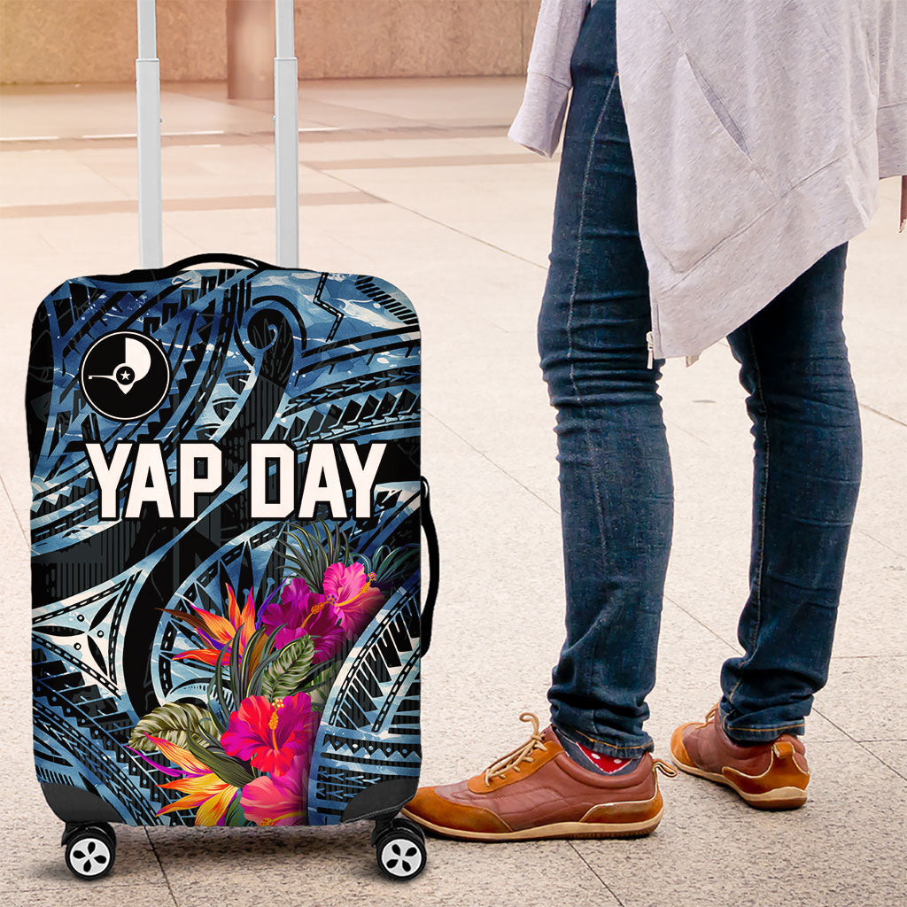 Yap Day Island Floral Tribal Heritage Luggage Cover Micronesian Hibiscus Pattern Polynesian Tattoo Blue Art TS04 Black Blue - Polynesian Pride