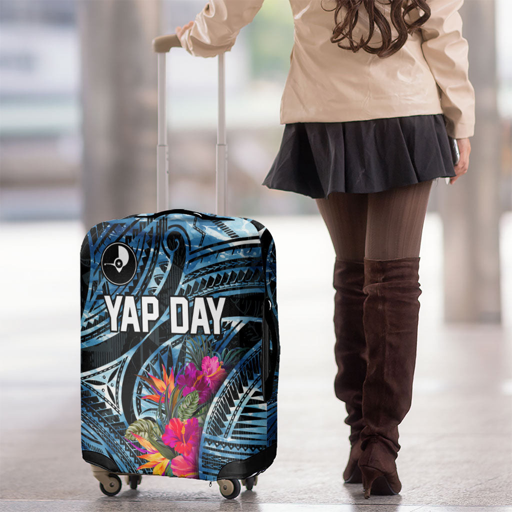 Yap Day Island Floral Tribal Heritage Luggage Cover Micronesian Hibiscus Pattern Polynesian Tattoo Blue Art