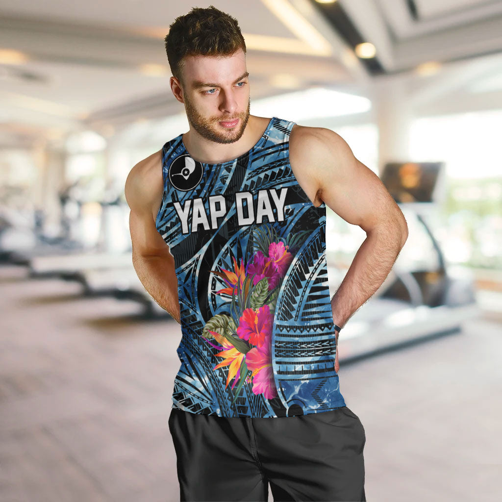 Yap Day Island Floral Tribal Heritage Men Tank Top Micronesian Hibiscus Pattern Polynesian Tattoo Blue Art