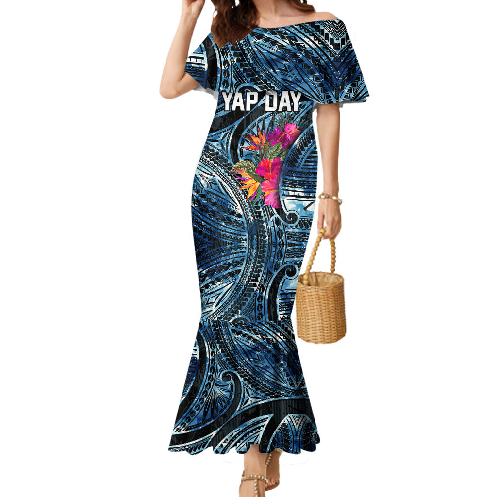 Yap Day Island Floral Tribal Heritage Mermaid Dress Micronesian Hibiscus Pattern Polynesian Tattoo Blue Art
