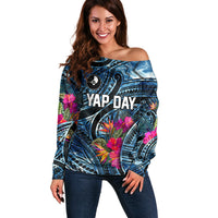 Yap Day Island Floral Tribal Heritage Off Shoulder Sweater Micronesian Hibiscus Pattern Polynesian Tattoo Blue Art