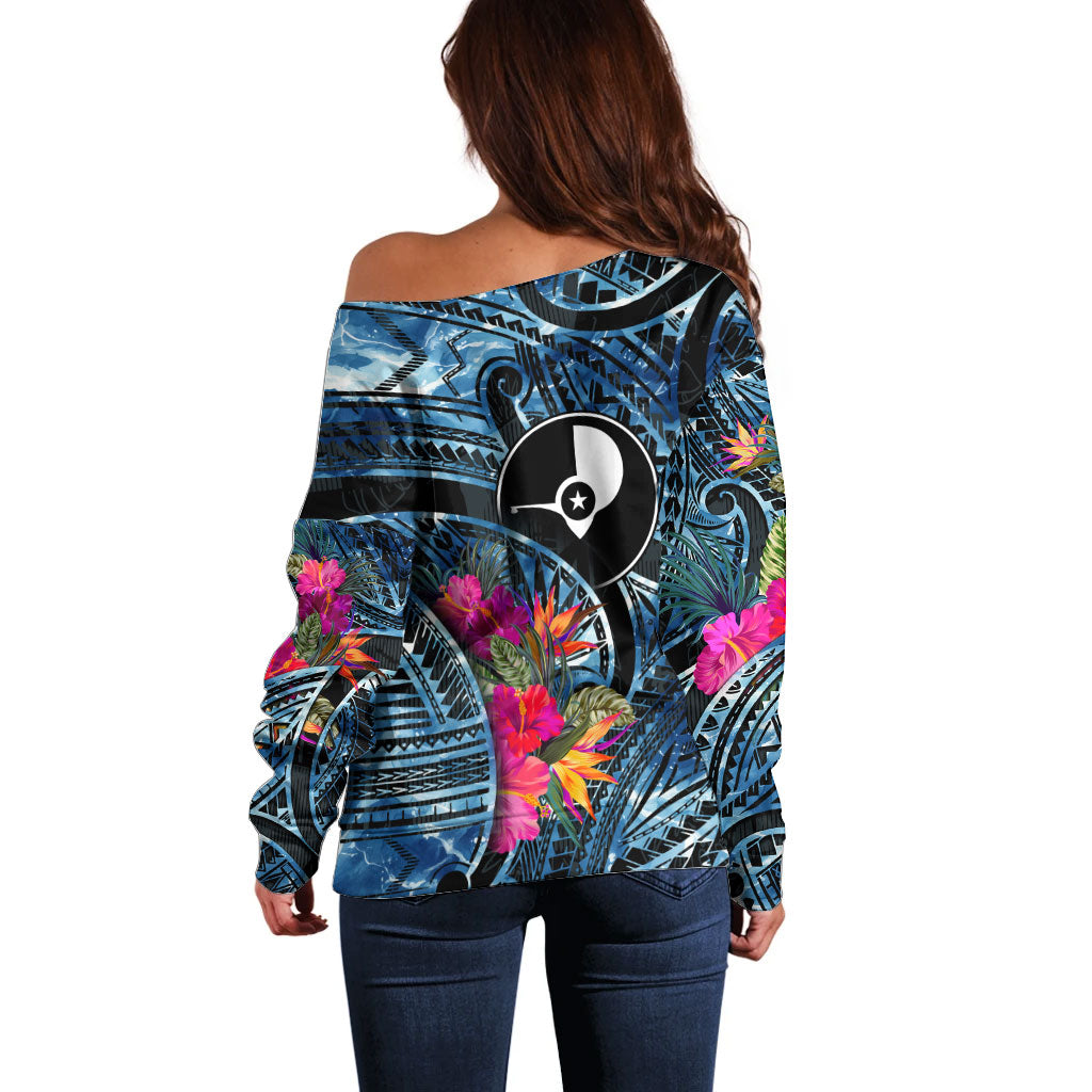 Yap Day Island Floral Tribal Heritage Off Shoulder Sweater Micronesian Hibiscus Pattern Polynesian Tattoo Blue Art