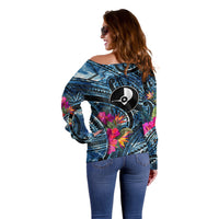 Yap Day Island Floral Tribal Heritage Off Shoulder Sweater Micronesian Hibiscus Pattern Polynesian Tattoo Blue Art