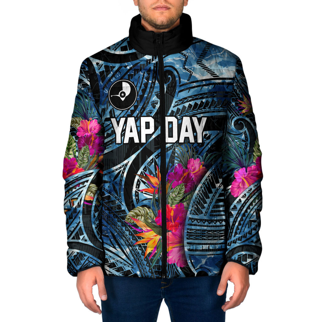 Yap Day Island Floral Tribal Heritage Padded Jacket Micronesian Hibiscus Pattern Polynesian Tattoo Blue Art