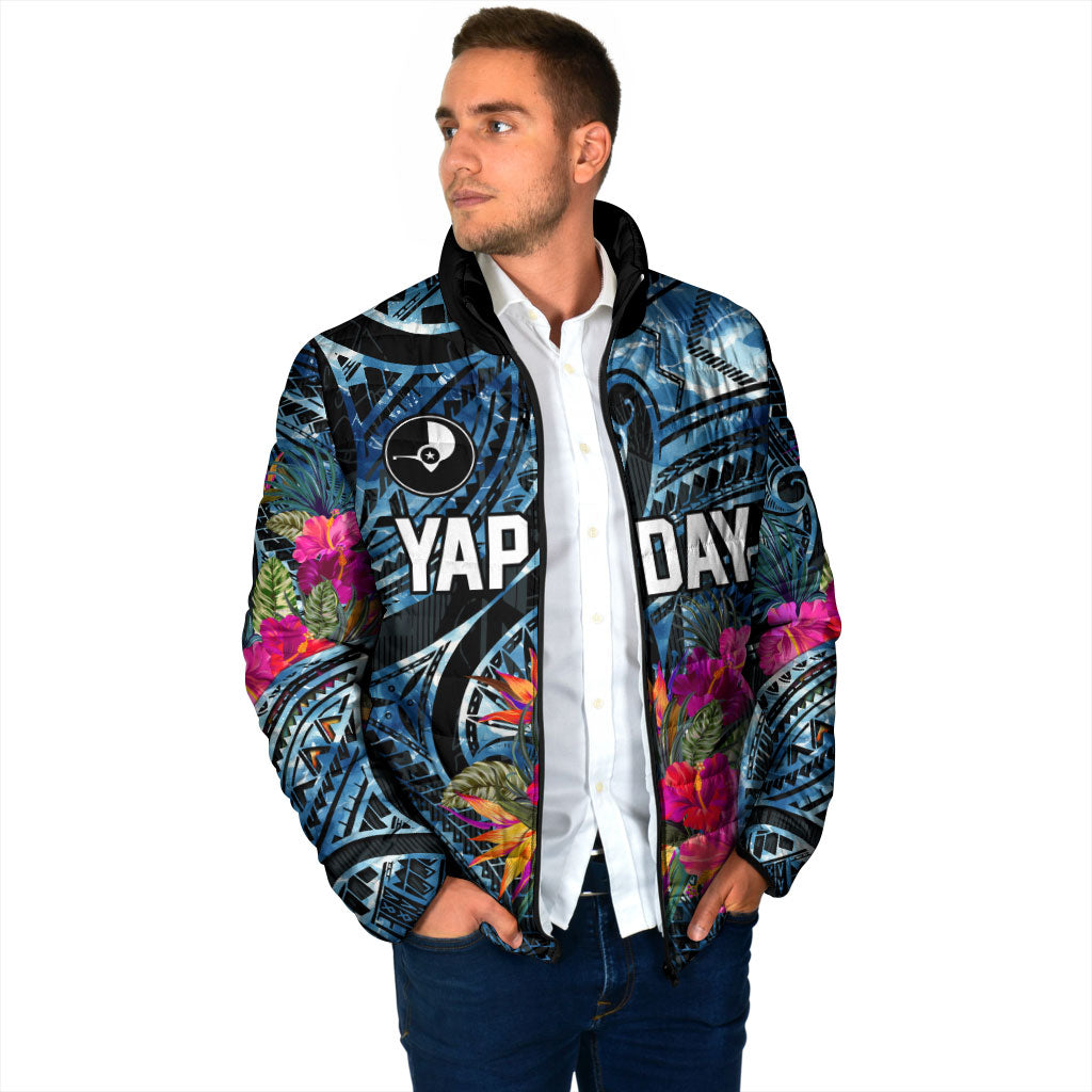 Yap Day Island Floral Tribal Heritage Padded Jacket Micronesian Hibiscus Pattern Polynesian Tattoo Blue Art