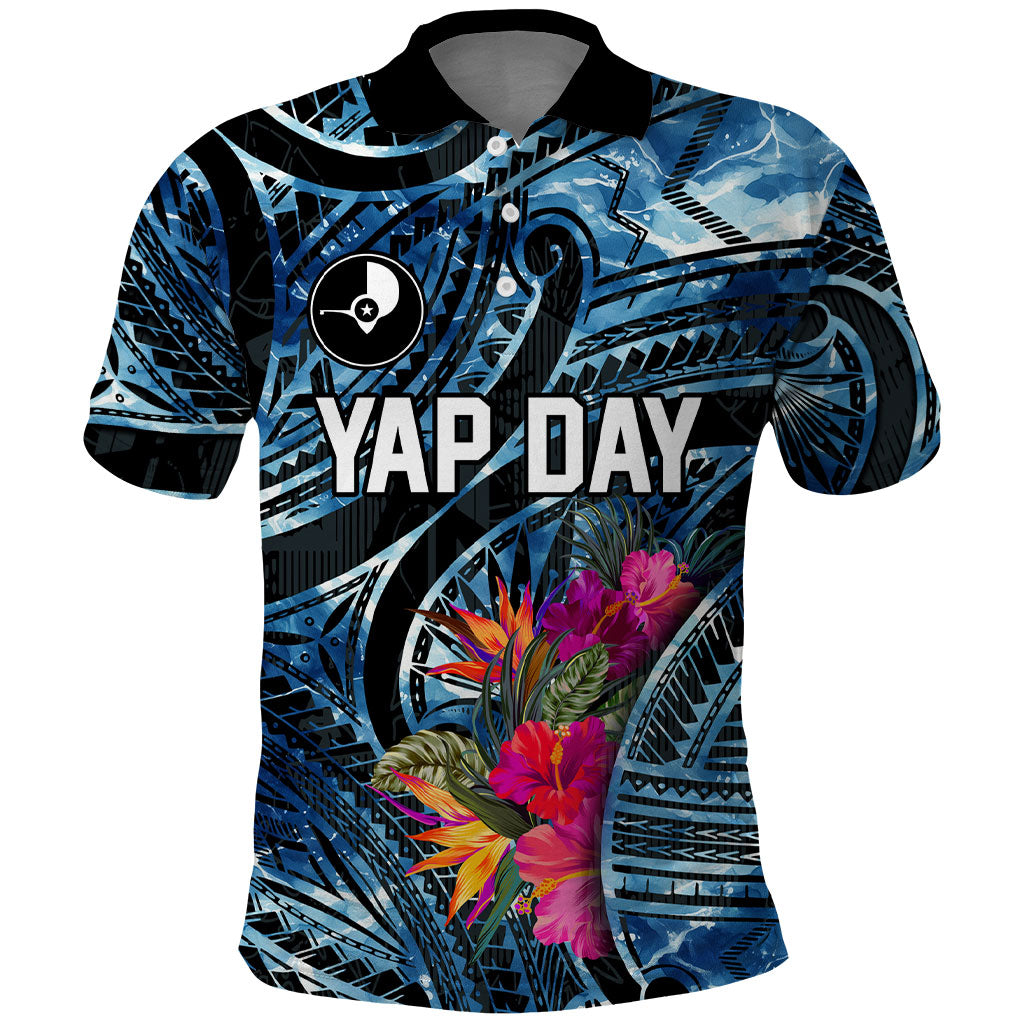 Yap Day Island Floral Tribal Heritage Polo Shirt Micronesian Hibiscus Pattern Polynesian Tattoo Blue Art