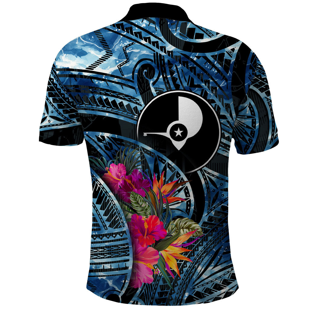 Yap Day Island Floral Tribal Heritage Polo Shirt Micronesian Hibiscus Pattern Polynesian Tattoo Blue Art
