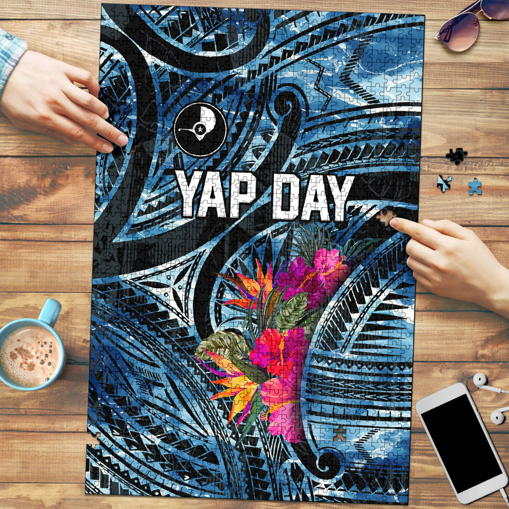 Yap Day Island Floral Tribal Heritage Puzzle Micronesian Hibiscus Pattern Polynesian Tattoo Blue Art TS04 Black Blue - Polynesian Pride