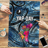 Yap Day Island Floral Tribal Heritage Puzzle Micronesian Hibiscus Pattern Polynesian Tattoo Blue Art