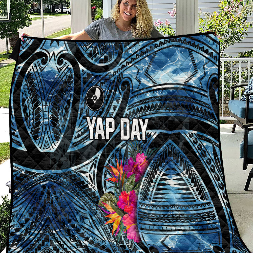Yap Day Island Floral Tribal Heritage Quilt Micronesian Hibiscus Pattern Polynesian Tattoo Blue Art