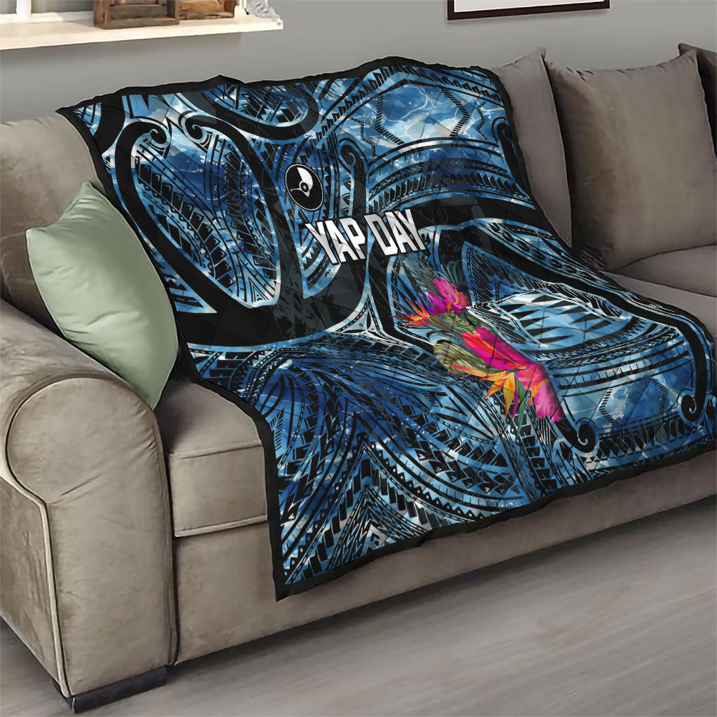Yap Day Island Floral Tribal Heritage Quilt Micronesian Hibiscus Pattern Polynesian Tattoo Blue Art