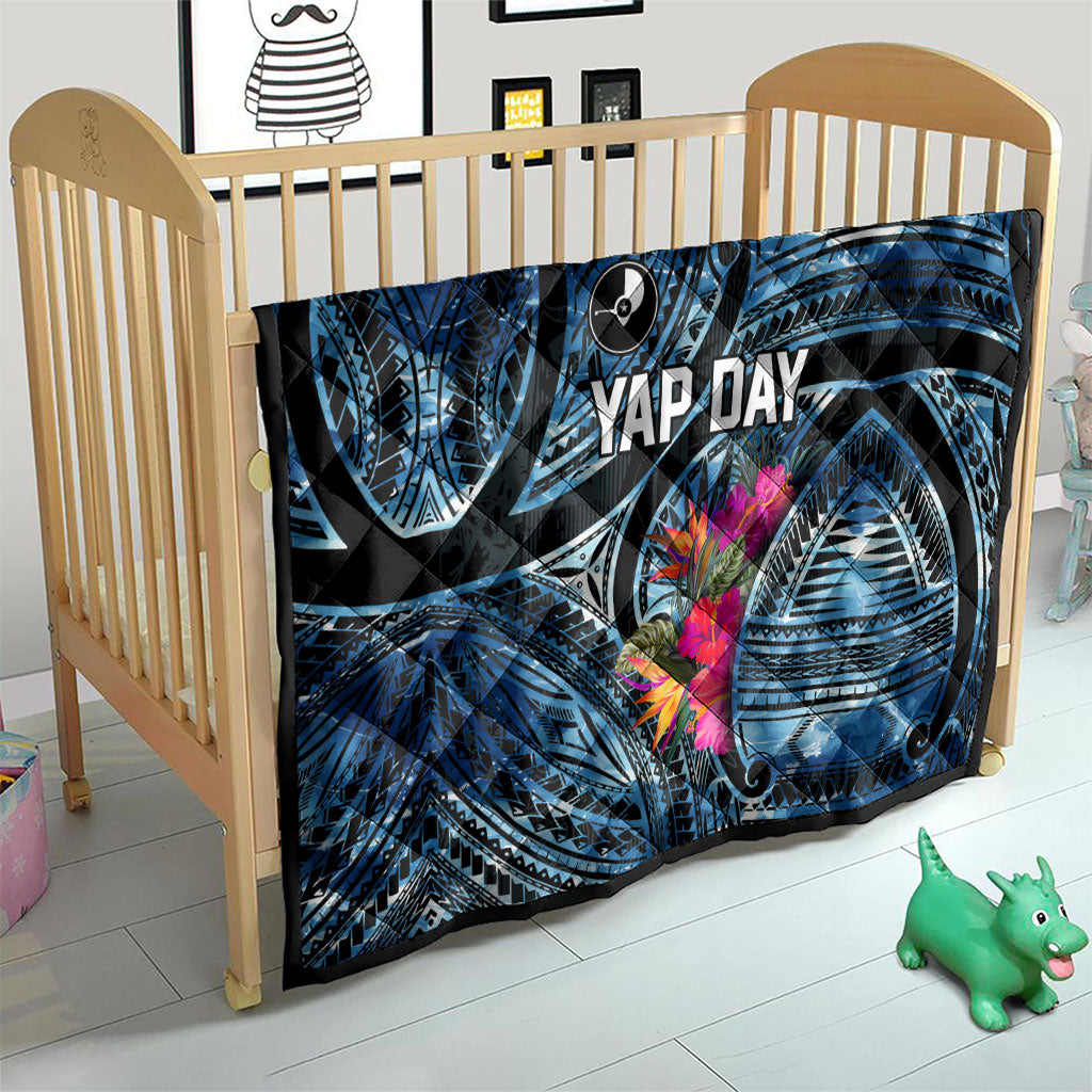 Yap Day Island Floral Tribal Heritage Quilt Micronesian Hibiscus Pattern Polynesian Tattoo Blue Art
