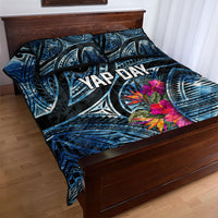 Yap Day Island Floral Tribal Heritage Quilt Bed Set Micronesian Hibiscus Pattern Polynesian Tattoo Blue Art