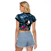 Yap Day Island Floral Tribal Heritage Raglan Cropped T Shirt Micronesian Hibiscus Pattern Polynesian Tattoo Blue Art