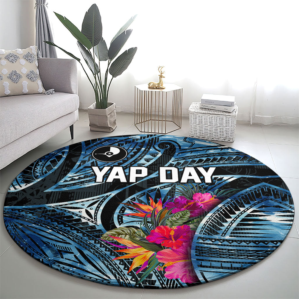 Yap Day Island Floral Tribal Heritage Round Carpet Micronesian Hibiscus Pattern Polynesian Tattoo Blue Art
