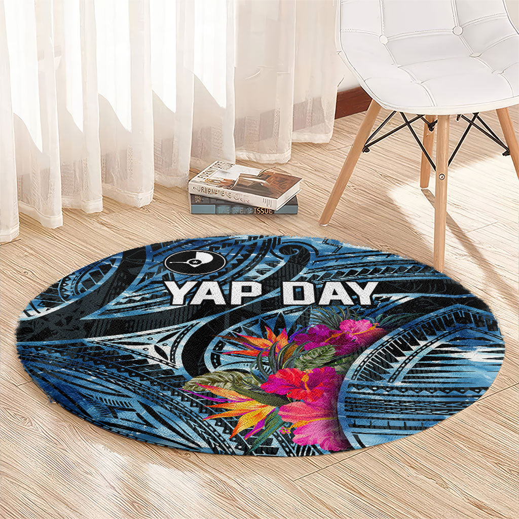 Yap Day Island Floral Tribal Heritage Round Carpet Micronesian Hibiscus Pattern Polynesian Tattoo Blue Art
