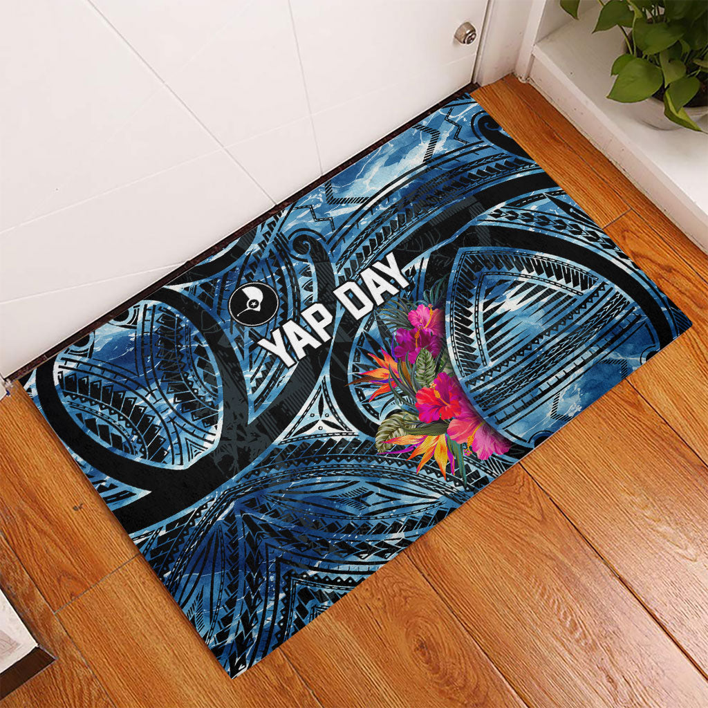 Yap Day Island Floral Tribal Heritage Rubber Doormat Micronesian Hibiscus Pattern Polynesian Tattoo Blue Art