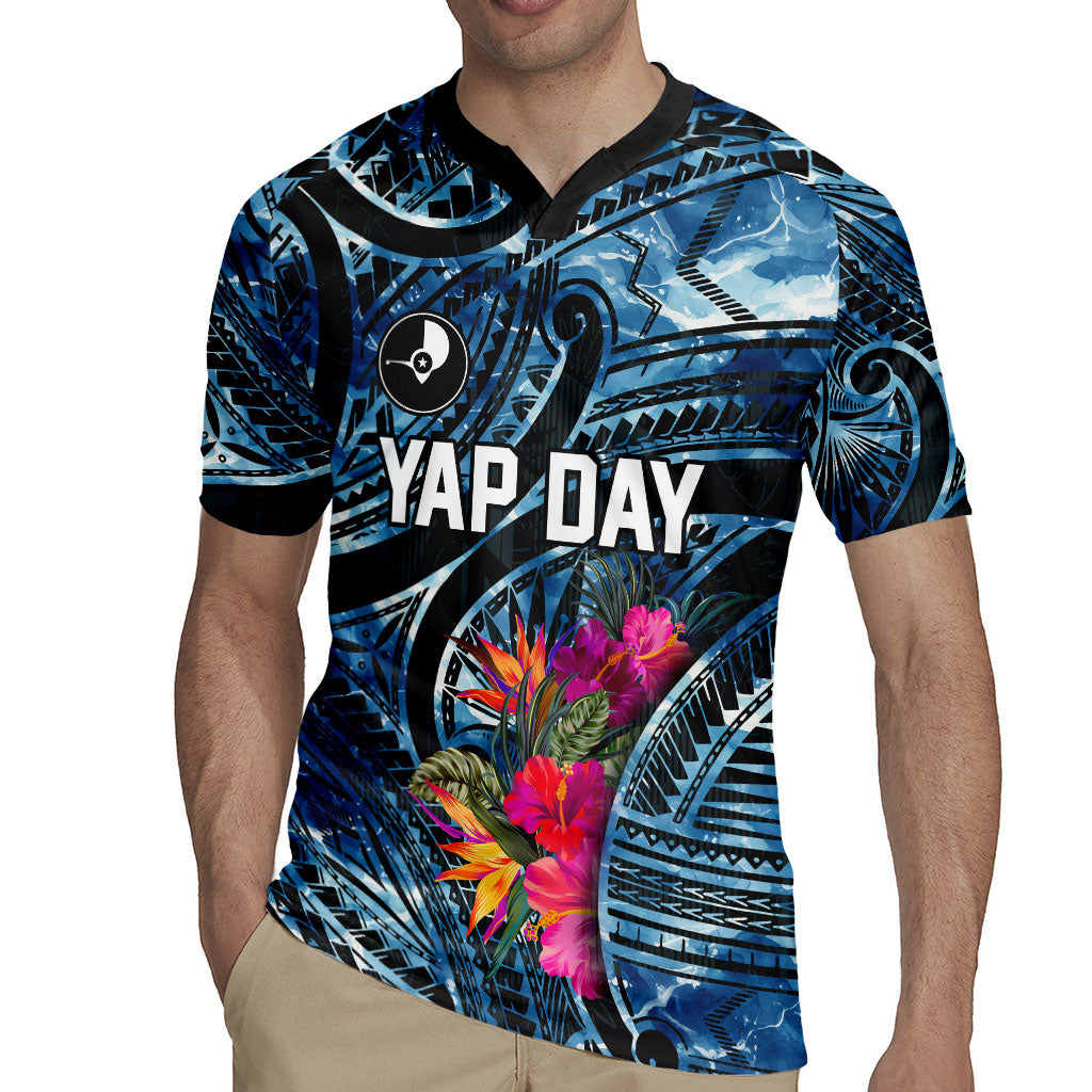 Yap Day Island Floral Tribal Heritage Rugby Jersey Micronesian Hibiscus Pattern Polynesian Tattoo Blue Art
