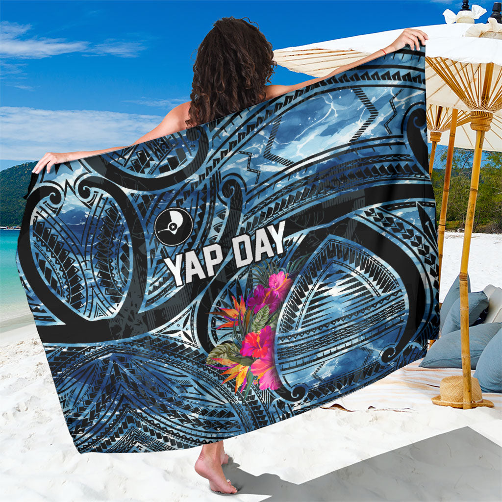 Yap Day Island Floral Tribal Heritage Sarong Micronesian Hibiscus Pattern Polynesian Tattoo Blue Art