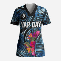 Yap Day Island Floral Tribal Heritage Scrub Top Micronesian Hibiscus Pattern Polynesian Tattoo Blue Art