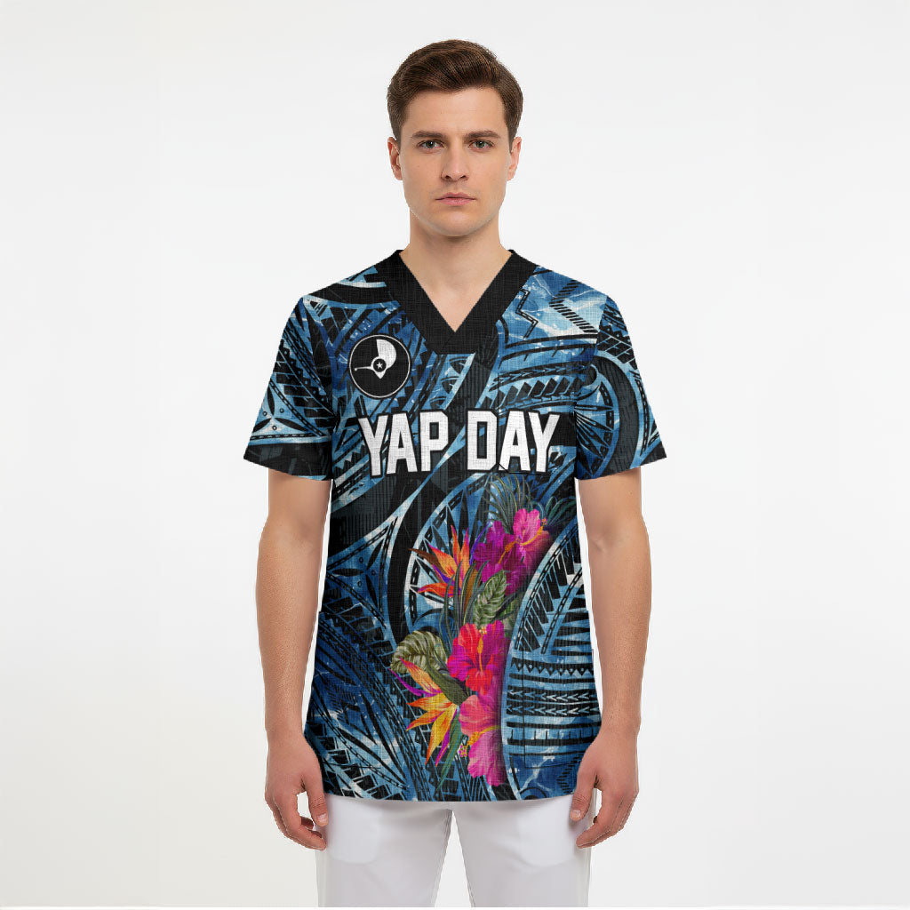 Yap Day Island Floral Tribal Heritage Scrub Top Micronesian Hibiscus Pattern Polynesian Tattoo Blue Art