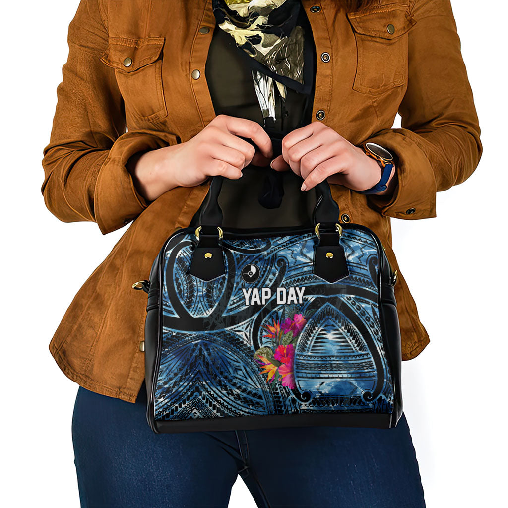 Yap Day Island Floral Tribal Heritage Shoulder Handbag Micronesian Hibiscus Pattern Polynesian Tattoo Blue Art