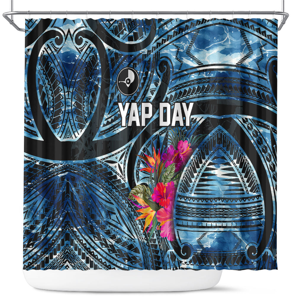 Yap Day Island Floral Tribal Heritage Shower Curtain Micronesian Hibiscus Pattern Polynesian Tattoo Blue Art