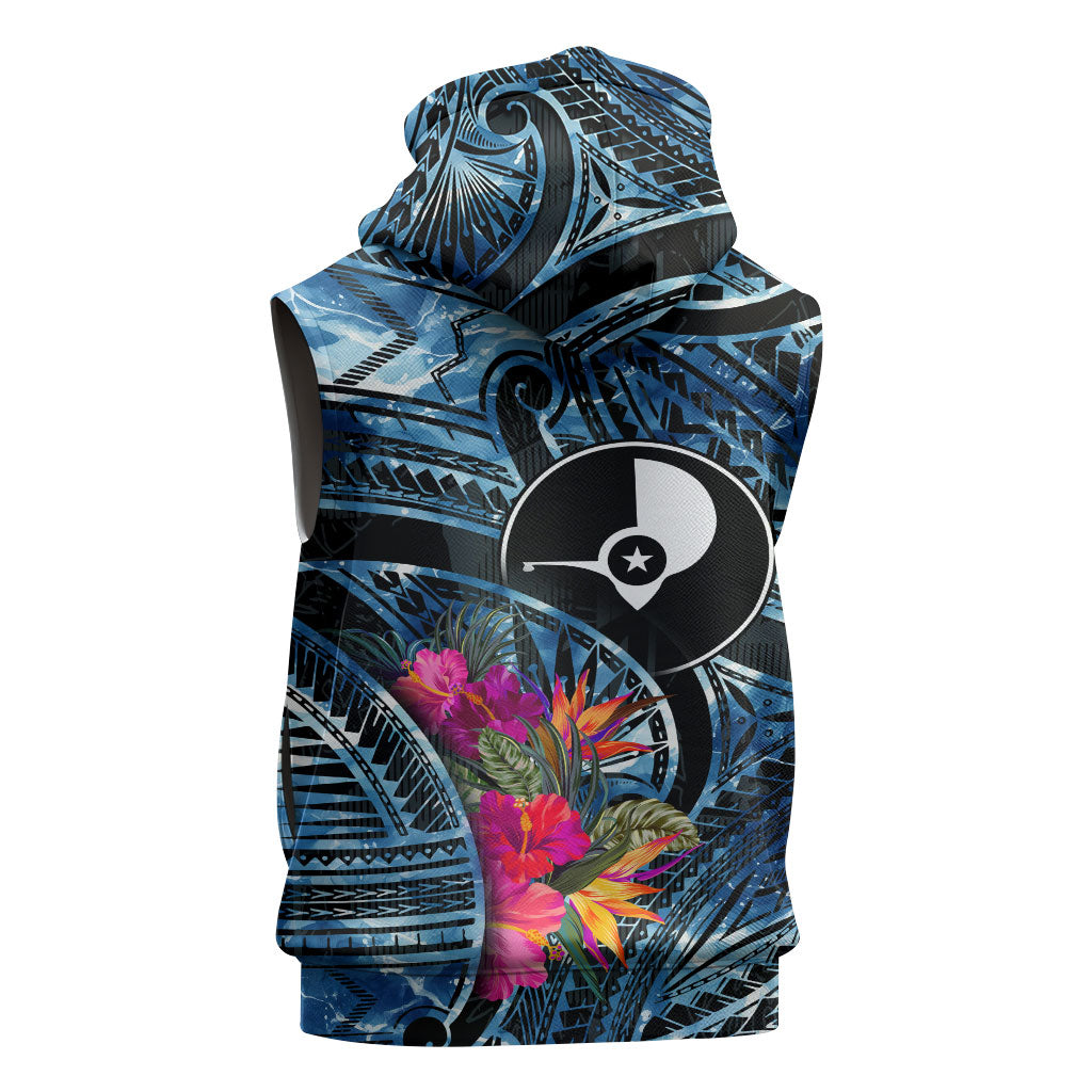 Yap Day Island Floral Tribal Heritage Sleeveless Hoodie Micronesian Hibiscus Pattern Polynesian Tattoo Blue Art