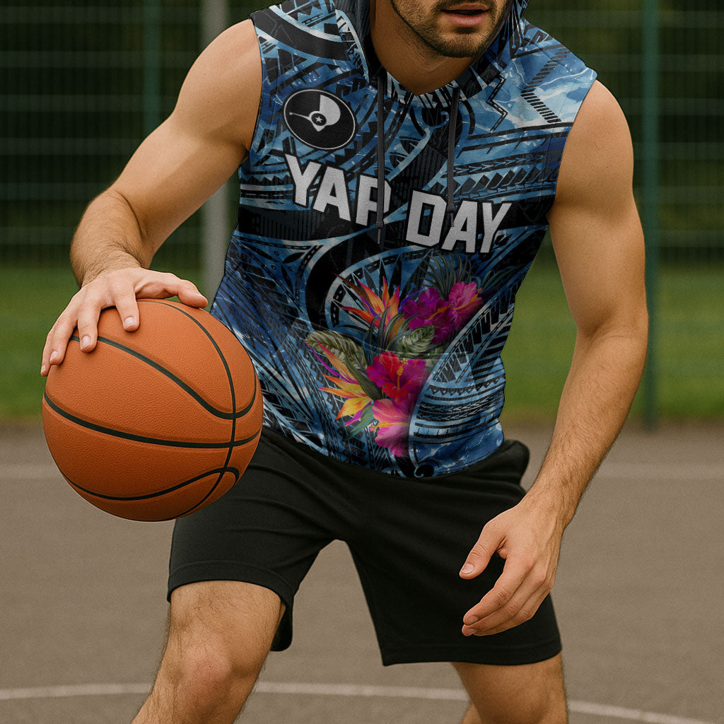 Yap Day Island Floral Tribal Heritage Sleeveless Hoodie Micronesian Hibiscus Pattern Polynesian Tattoo Blue Art