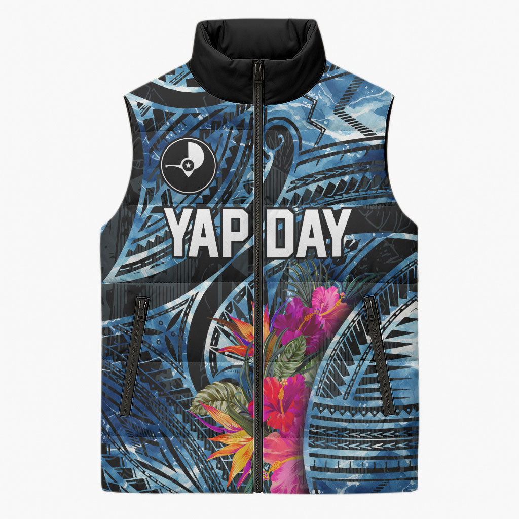 Yap Day Island Floral Tribal Heritage Sleeveless Puffer Jacket Micronesian Hibiscus Pattern Polynesian Tattoo Blue Art