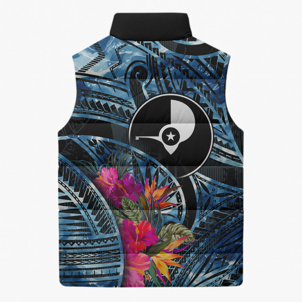Yap Day Island Floral Tribal Heritage Sleeveless Puffer Jacket Micronesian Hibiscus Pattern Polynesian Tattoo Blue Art