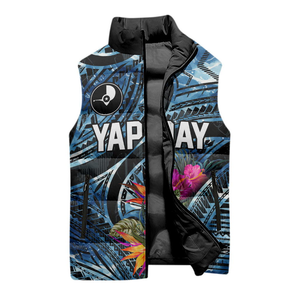 Yap Day Island Floral Tribal Heritage Sleeveless Puffer Jacket Micronesian Hibiscus Pattern Polynesian Tattoo Blue Art