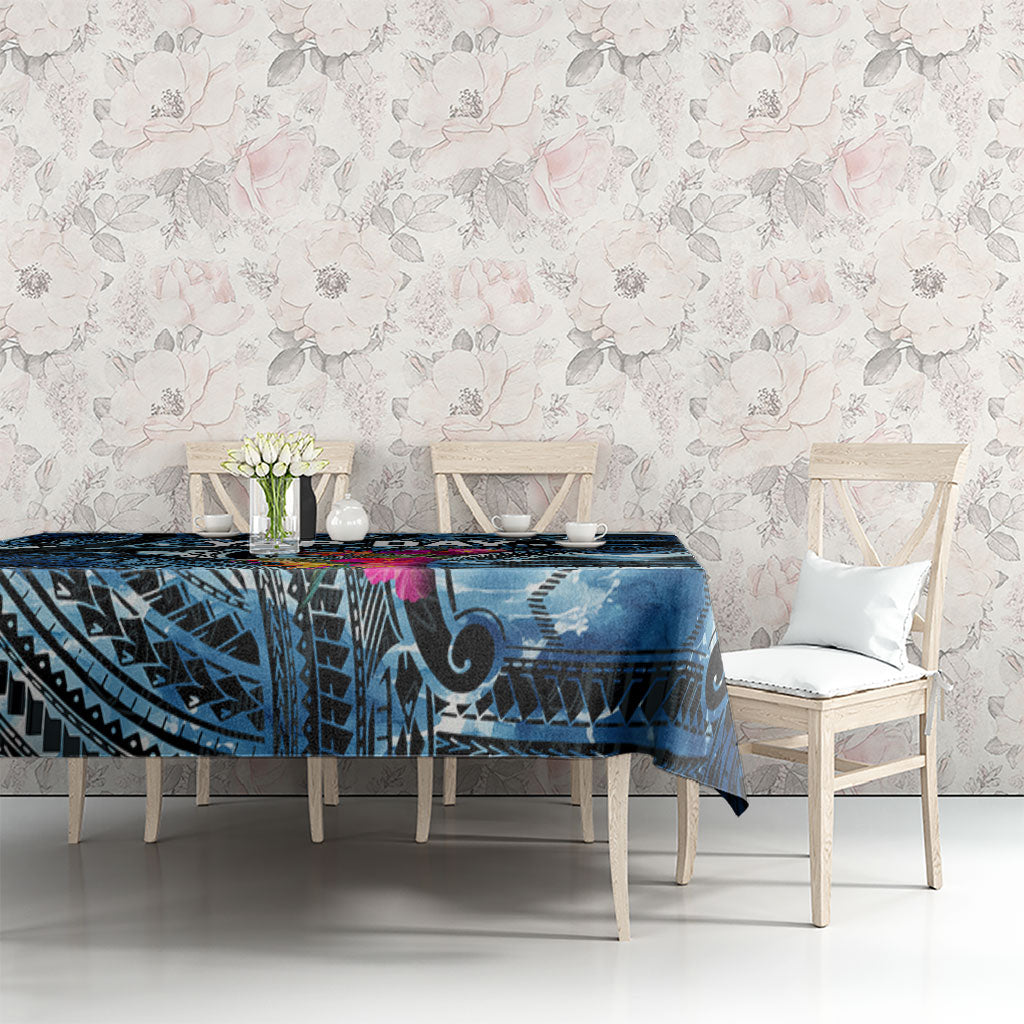 Yap Day Island Floral Tribal Heritage Tablecloth Micronesian Hibiscus Pattern Polynesian Tattoo Blue Art