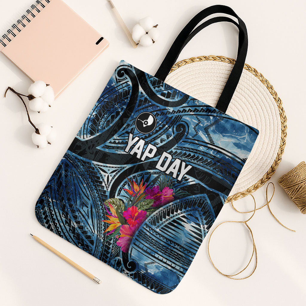 Yap Day Island Floral Tribal Heritage Tote Bag Micronesian Hibiscus Pattern Polynesian Tattoo Blue Art TS04 Black Strap One Size Black Blue - Polynesian Pride