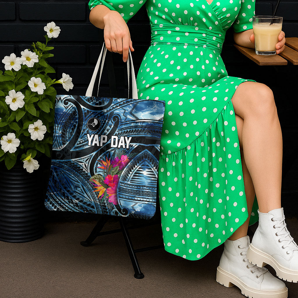 Yap Day Island Floral Tribal Heritage Tote Bag Micronesian Hibiscus Pattern Polynesian Tattoo Blue Art