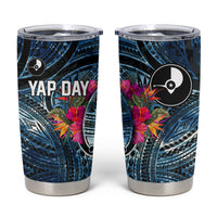 Yap Day Island Floral Tribal Heritage Tumbler Cup Micronesian Hibiscus Pattern Polynesian Tattoo Blue Art
