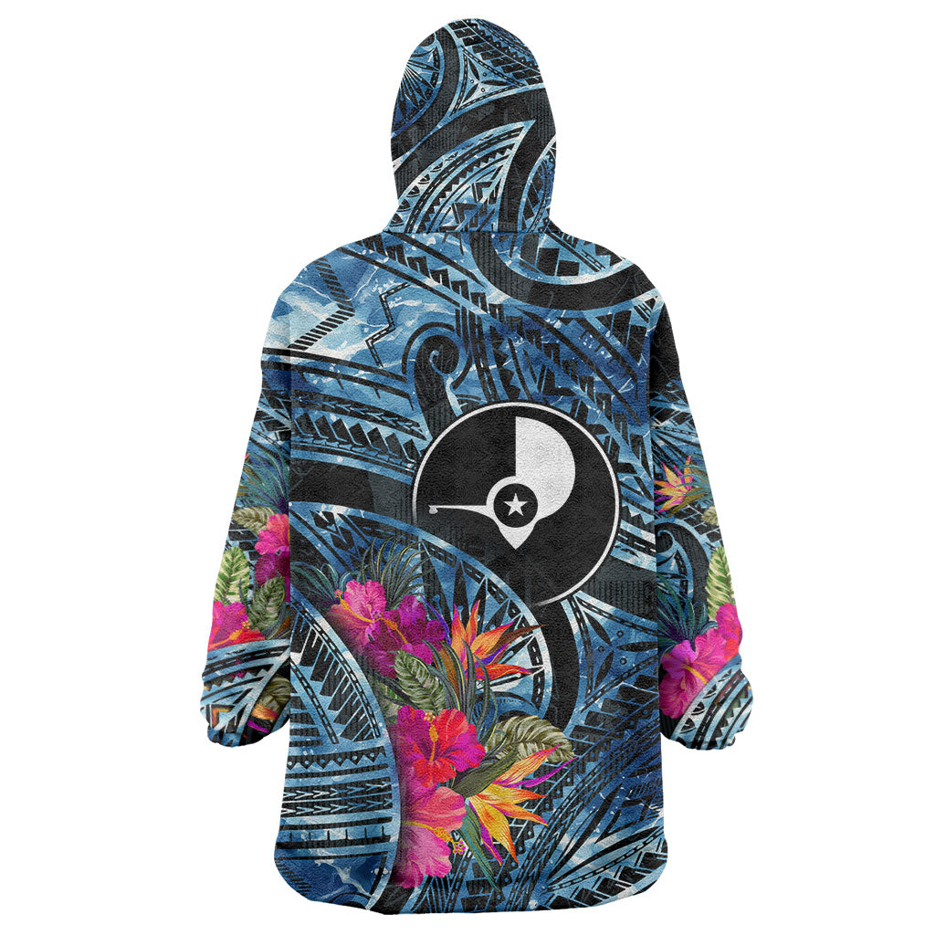 Yap Day Island Floral Tribal Heritage Wearable Blanket Hoodie Micronesian Hibiscus Pattern Polynesian Tattoo Blue Art