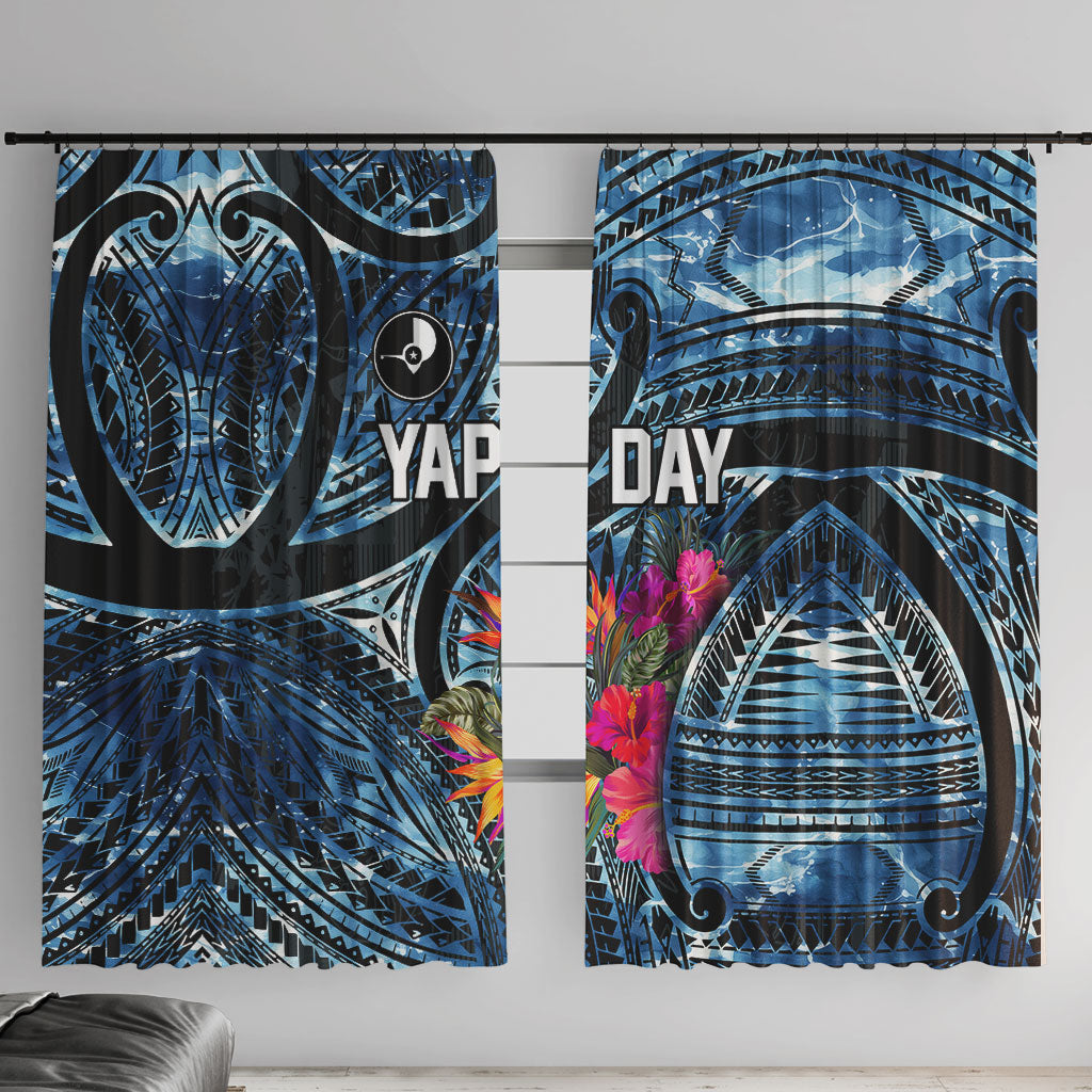 Yap Day Island Floral Tribal Heritage Window Curtain Micronesian Hibiscus Pattern Polynesian Tattoo Blue Art