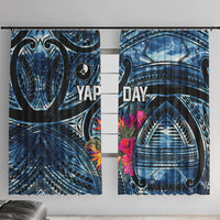 Yap Day Island Floral Tribal Heritage Window Curtain Micronesian Hibiscus Pattern Polynesian Tattoo Blue Art