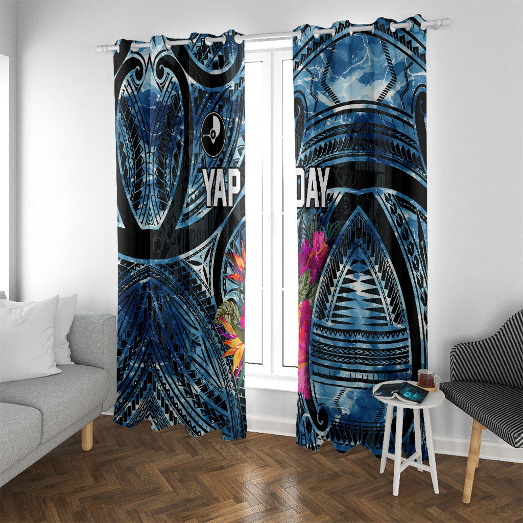 Yap Day Island Floral Tribal Heritage Window Curtain Micronesian Hibiscus Pattern Polynesian Tattoo Blue Art