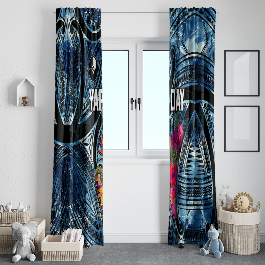 Yap Day Island Floral Tribal Heritage Window Curtain Micronesian Hibiscus Pattern Polynesian Tattoo Blue Art