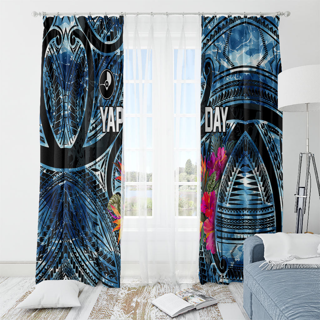 Yap Day Island Floral Tribal Heritage Window Curtain Micronesian Hibiscus Pattern Polynesian Tattoo Blue Art