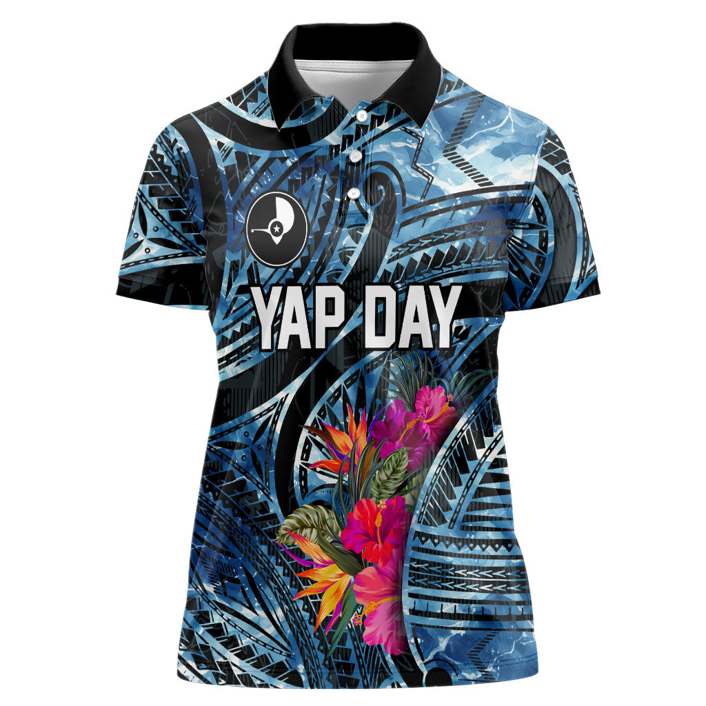 Yap Day Island Floral Tribal Heritage Women Polo Shirt Micronesian Hibiscus Pattern Polynesian Tattoo Blue Art