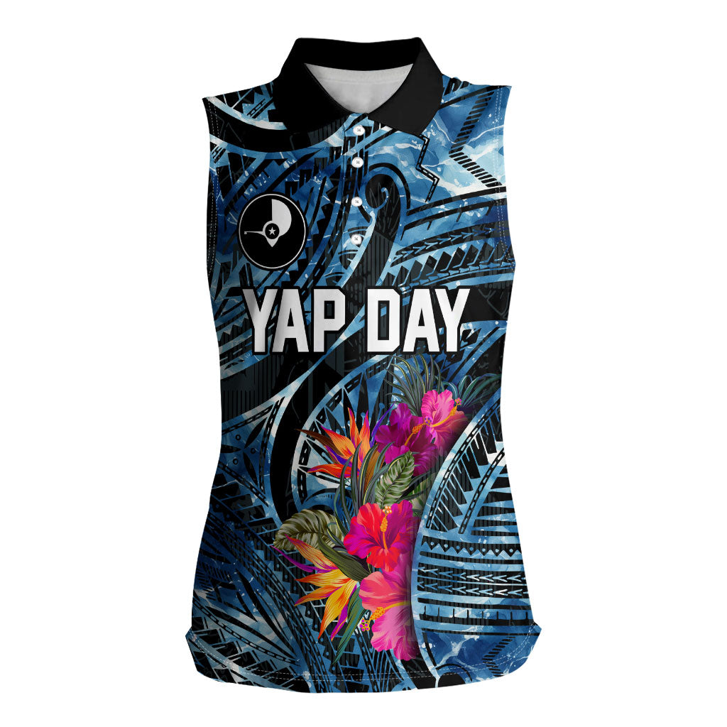 Yap Day Island Floral Tribal Heritage Women Sleeveless Polo Shirt Micronesian Hibiscus Pattern Polynesian Tattoo Blue Art